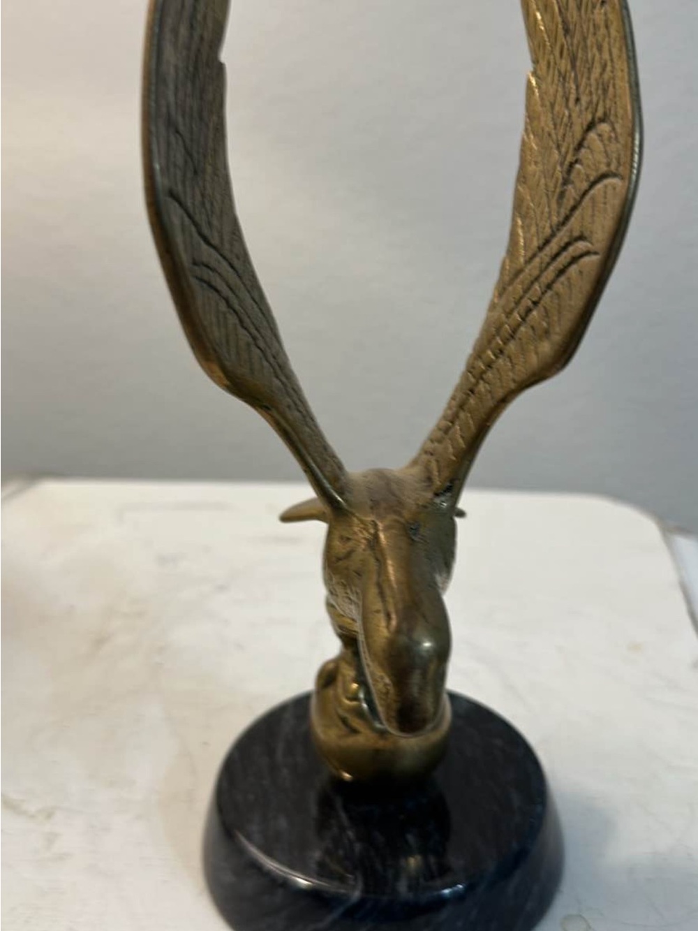 Brass Antelope Head Sculpture on Black Marble Base - Decorative Accent